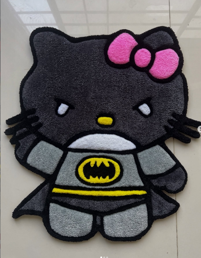 Handmade Hello Kitty Batman tufted rug detail